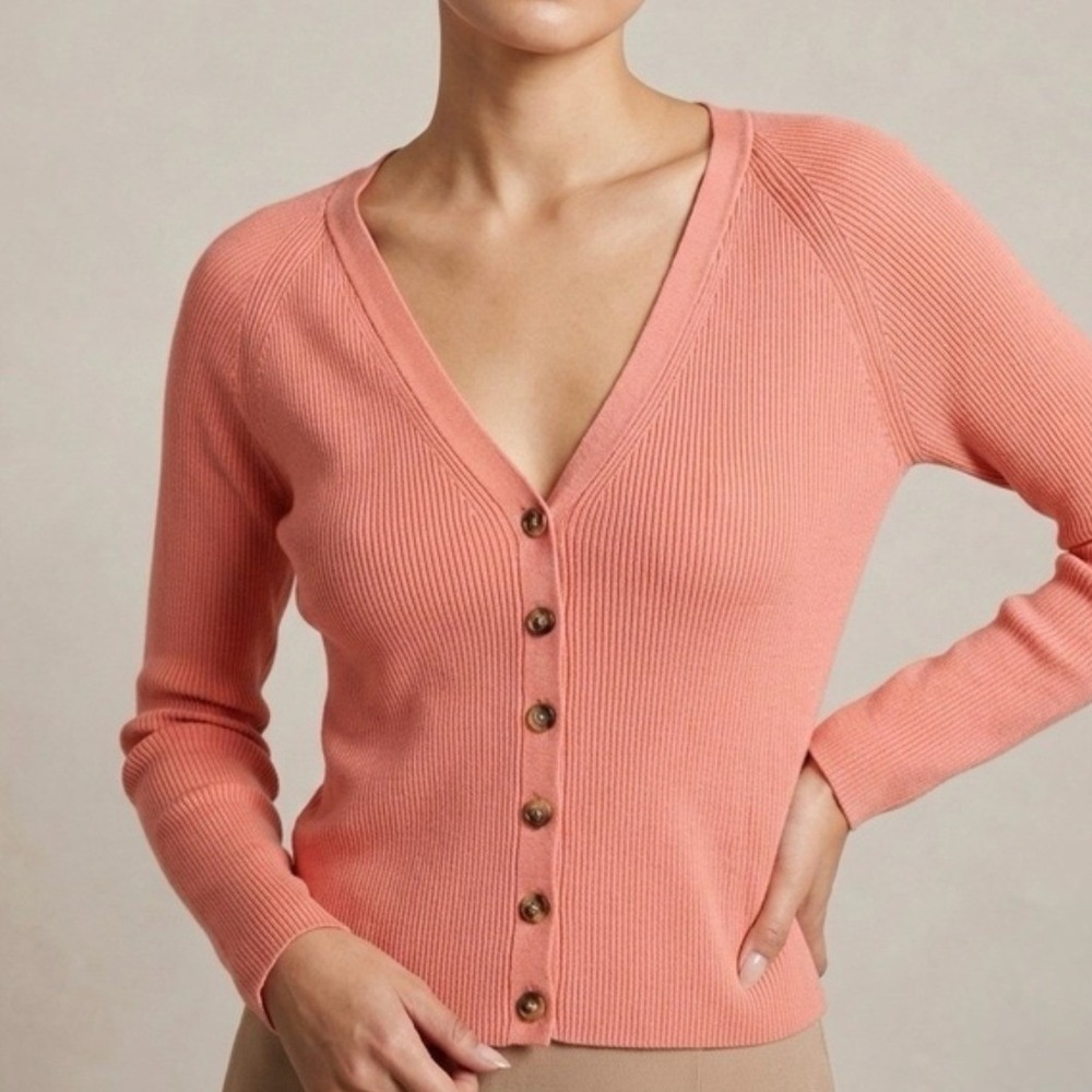 INTERMIX Women's Katrina V-Neck Ribbed Stretch Cardigan Coral Pink Sweater- S